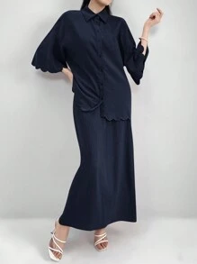 Mulvari Bộ 2 món áo khoác trễ vai trơn và váy hai dây cho mùa hè - Màu xanh hải quân - Xem 4