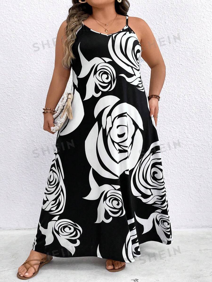 SHEIN CURVE+ Robe à bretelles grande taille avec grand imprimé floral partout Mode en ligne