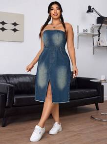 SHEIN EZwear 大尺碼無肩帶束腰開背分叉連衣裙，優雅迷人 - 中等水洗藍 - 查看 3