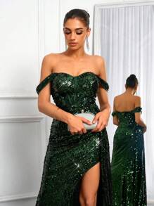 SHEIN BAE 夏季合適亮片一字領，無肩帶，無袖腰間帶配高腰緞帶，高開叉長裙，宴會連衣裙開背亮片魅力連衣裙 - 墨綠色 - 查看 4