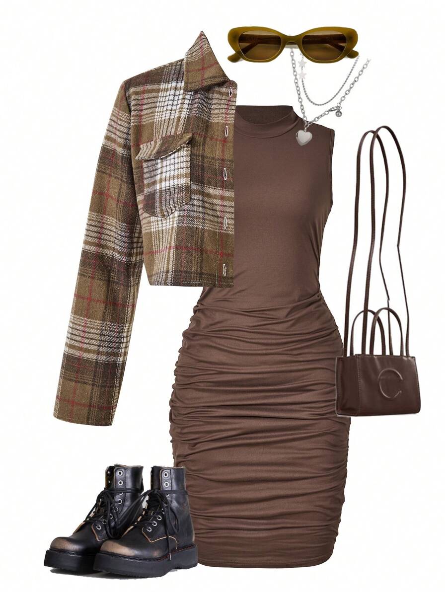 SHEIN Explorewe 少女时尚街头风格简约格子衬衫领无袖连衣裙套装 - 彩色 - 查看 1