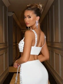 SHEIN BAE Top sexy cu paiete scurte pentru femei, alb, perfect pentru club de noapte si petrecere