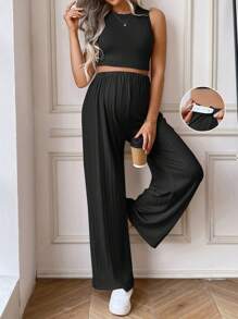 SHEIN Maternity Solid Tank Top & Adjustable Waist Wide Leg Pants - Black - View 1