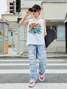 Tween Boy Light Wash Blue Embroidered Patchwork Frayed Hem Straight Leg Fashionable Casual Jeans - Light Wash - View 4