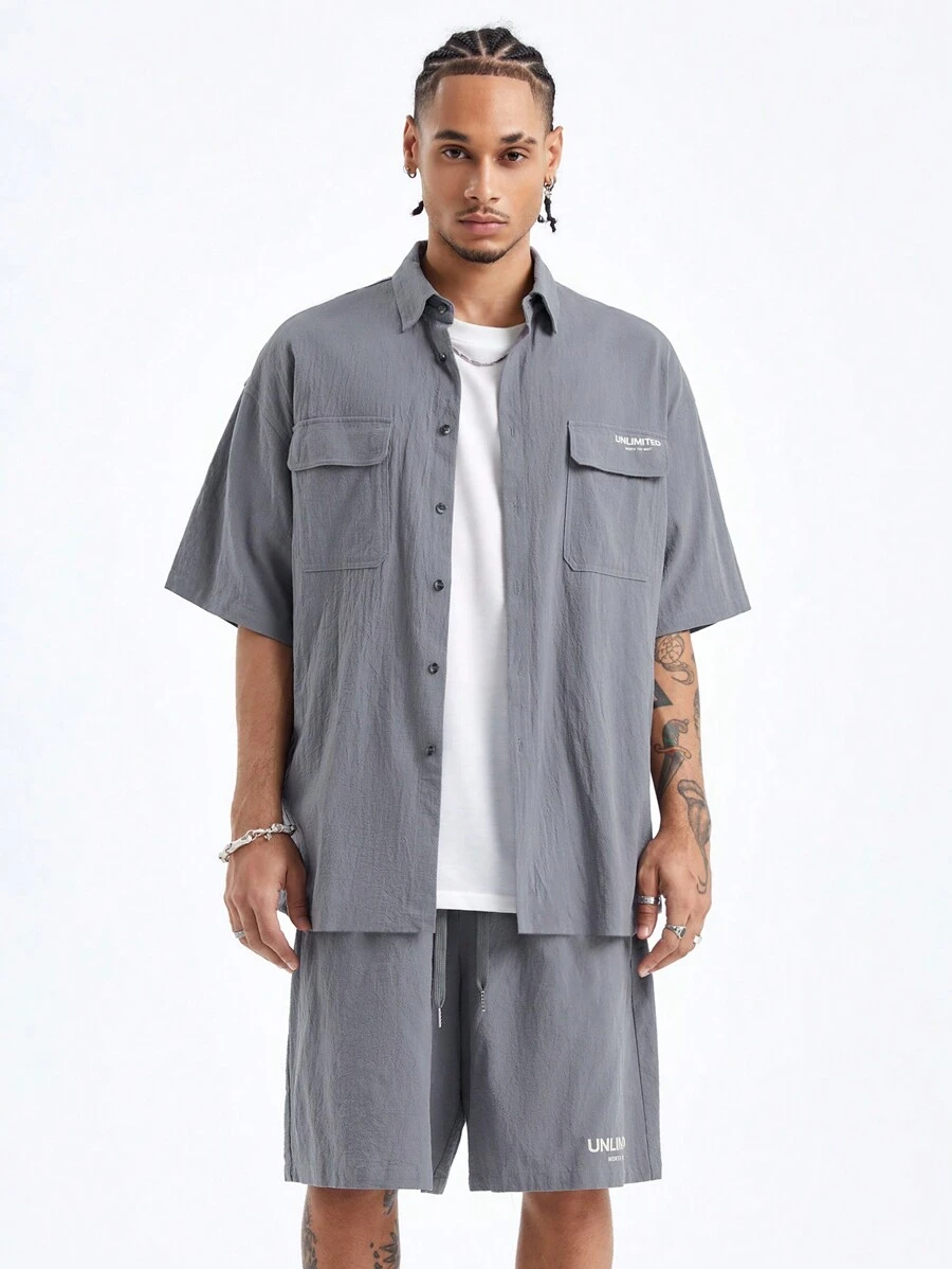 Manfinity VCAY Men's Loose Short-Sleeved Shirt Set With English Letter Prints, Suitable For Summer - Grey - View 1