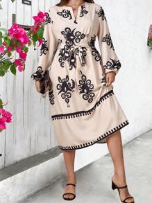 SHEIN Clasi Plus Floral Print Lantern Sleeve Belted Dress For Summer Fall Cloth For Women - Multicolor - View 4