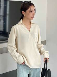 DAZY Solid Color Oblique Placket Long Sleeve Lady Shirt With Fitted Pocket - Apricot - View 3