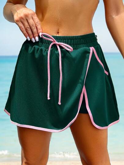 SHEIN Swim Contrast Binding Drawstring Waist 2 In 1 Boardshorts, Green Shorts Summer
