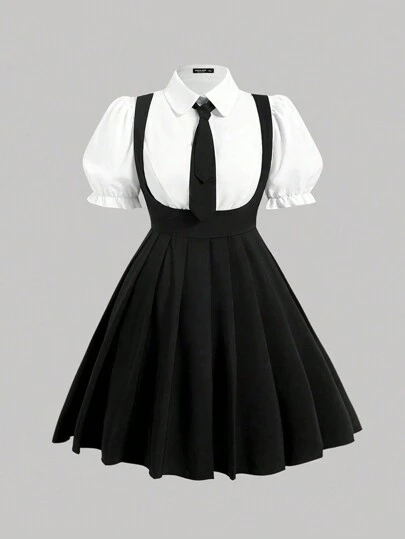 Sweetra Plus Size Women's Color Block Puff Sleeve Dress, For Summer