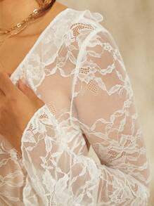 L'Amorae Lace Ruffle Tie Overlay Jumpsuit - White - View 4