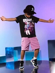 SHEIN Explorewe Tween Boys' Letter Slogan & Portrait Printed Short Sleeve Shirt And Utility Shorts Streetwear Fashion Summer Outfit - Black - View 6