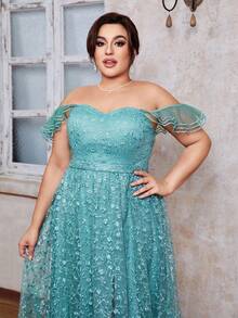 Romantic Embroidered Slit Hem Dress With Lotus Collar And Flounce Sleeves - Green - View 3