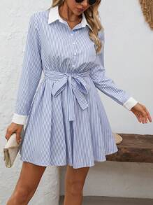 Chiquease Women's Spring/Summer Casual Color Blocked Striped Button Front Shirt Dress - Multicolor - View 4