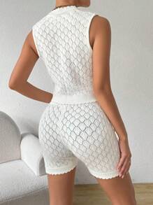 SHEIN Essnce Sexy Hollow Knit Cardigan & Shorts Set, Women's Casual 2pcs Short Top And Sweater