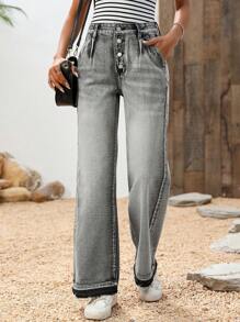 SHEIN LUNE Jeans con patas rectas y mosca de botones - Gris - Ver 5
