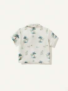 Cozy Pixies Baby Boy Coconut Tree Pattern Short Sleeve Lapel Cardigan Top Solid Color Casual Shorts 2pcs/Set