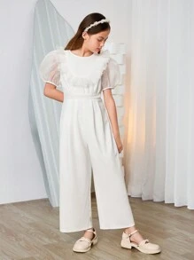 Elegant Round Neck Ruffle Trim Puff Sleeve Nine-Quarter Length Jumpsuit For Tween Girls - White - View 7
