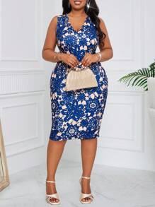 SHEIN Lady Plus Size Women's Business Professional Blue Lace Floral Burnout Elegant Slim Fit Midi Dress
