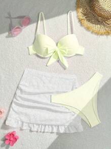 SHEIN Swim Women's Solid Color Front Tie Sexy Bikini Set For Summer Beach, Including Cover-Up Skirt