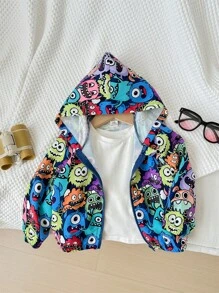 SHEIN Baby Boy Baby Girl Casual Hooded Cardigan With Cartoon Monster Pattern