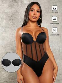SHEIN SXY Contrast Mesh Bustier Cami Bodysuit - Multicolor - View 1