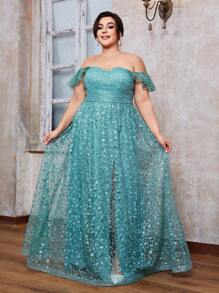 Romantic Embroidered Slit Hem Dress With Lotus Collar And Flounce Sleeves - Green - View 5