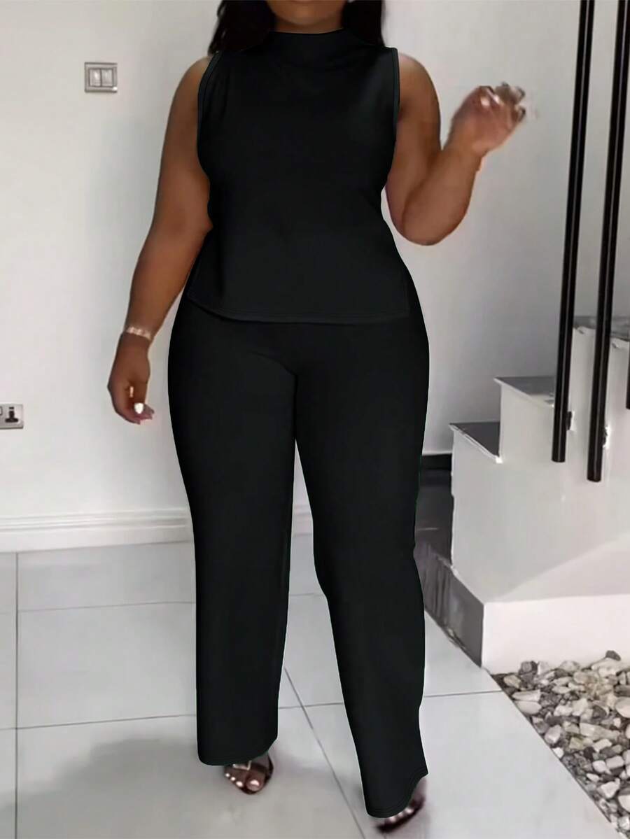Plus Size Women's Solid Color Minimalist Sleeveless Set, Everyday Casual