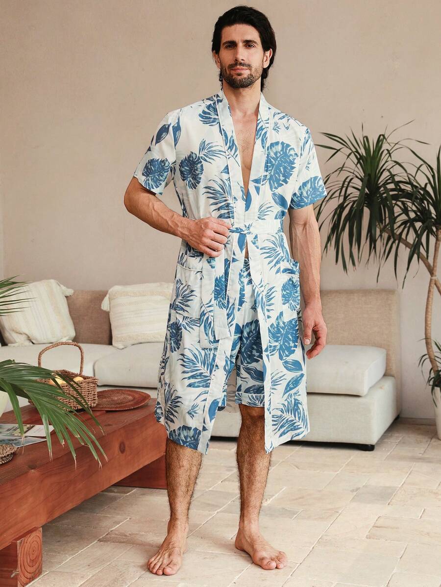 Manfinity Underwear&Sleepwear Basics Men's Random Print Simple Daily Short Sleeve Shorts, Loungewear - Baby Blue - View 1