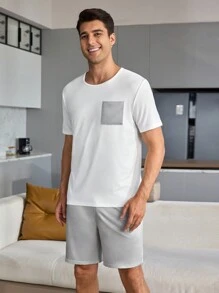 SHEIN 男士色塊極簡短袖T恤和短褲套裝，適用於日常穿著和室內休閒 - 灰色 - 查看 2