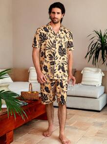 Manfinity ChillVibe 男士熱帶印花短袖和短褲套裝，夏季休閒居家服 - 彩色 - 查看 3