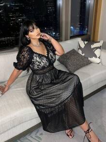 SHEIN Clasi Plus Size Lace V-Neckline A-Line Dress - Black - View 6
