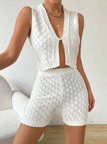 SHEIN Essnce Sexy Hollow Knit Cardigan & Shorts Set, Women's Casual 2pcs Short Top And Sweater