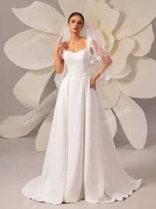 Women's Solid Color Sleeveless Backless Minimalist Waist-Cinched Maxi Wedding Dress With Train White Elegant Bridal Dress