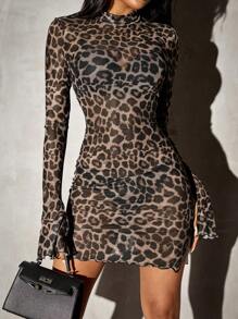 SHEIN SXY Elegant Knitted Mesh Floral Printed Long Sleeve Leopard Bodycon Women's Dress,Summer Dresses For Women