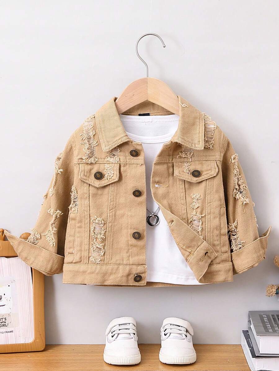 SHEIN Explorewe 嬰兒男童復古西部牛仔風格磨損卡其色/棕色牛仔夾克,帶有撕裂裝飾細節 - 卡其色 - 查看 1