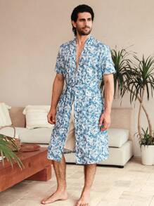 Manfinity ChillVibe Men's Tropical Plant Printed Short Sleeve Long Home Pajamas, Vacation Style - Blue - View 4