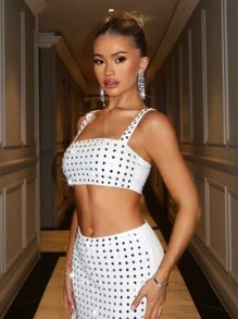 SHEIN BAE Top sexy cu paiete scurte pentru femei, alb, perfect pentru club de noapte si petrecere