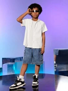 SHEIN Explorewe Tween Boys' Thời trang đường phố có mũ trùm đầu Áo sơ mi ngắn tay hoạt hình in chữ Hip Hop - trắng - Xem 3