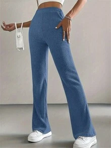 Solid Color Ribbed Simple Casual Long Pants - Blue - View 3