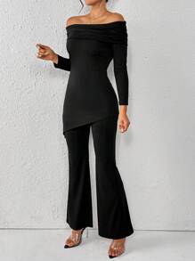 SHEIN Privé Women's Off Shoulder Top And Flared Pants - Black - View 5