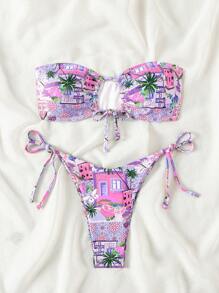 SHEIN Swim Women's Summer Beach Palm Tree Printed Bandeau Hollow Out Halter Bikini Set - Mauve Purple - View 4