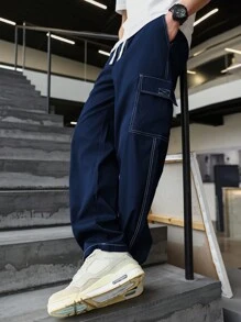 Manfinity Homme 男士纯色简约日常风格抽绳工装裤，男士宽松工装牛仔裤，男士宽松直筒休闲裤，秋季 - 藏蓝色 - 查看 4