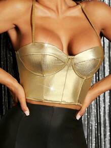 SHEIN SXY Padded Built-In Bra Padding Chest Pad Removable Padding Chest Cup Non Removable Padding Women's Solid Metallic Bustier Cami Top Corset - Gold - View 4