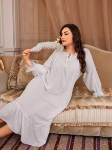 Cộng thêm Váy ngủ Pyjama Ruffle cổ có dây buộc, Áo dài - trắng - Xem 4