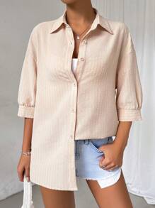 SHEIN EZwear 實心下垂肩按鈕前沙灘襯衫 - 杏色 - 查看 4