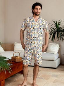 Manfinity Underwear&Sleepwear Basics Men's All-Over Print Short Sleeve And Shorts Homewear Set - Multicolor - View 4