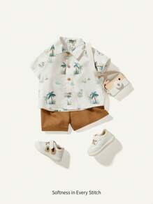 Cozy Pixies Baby Boy Coconut Tree Pattern Short Sleeve Lapel Cardigan Top Solid Color Casual Shorts 2pcs/Set