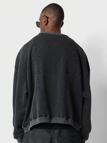 SUMWON Vintage Washed Oversized Crew Neck Casual Premium Cotton Sweatshirt With Embroidered Back Text Classic Autumn Winter Essential Athletic Wear - Black - View 1