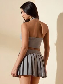 SHEIN BAE Women Work Clothes Simple And Versatile Casual Dating Elegant Halter Neck Pleated Suit Suit Back To School Season Clothing - Grey - View 2