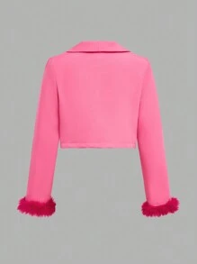 青少年女孩披肩领纯色对比蓬松毛绒袖口夹克 & 裙子 & 白色吊带背心 - 玫紅色 - 查看 8